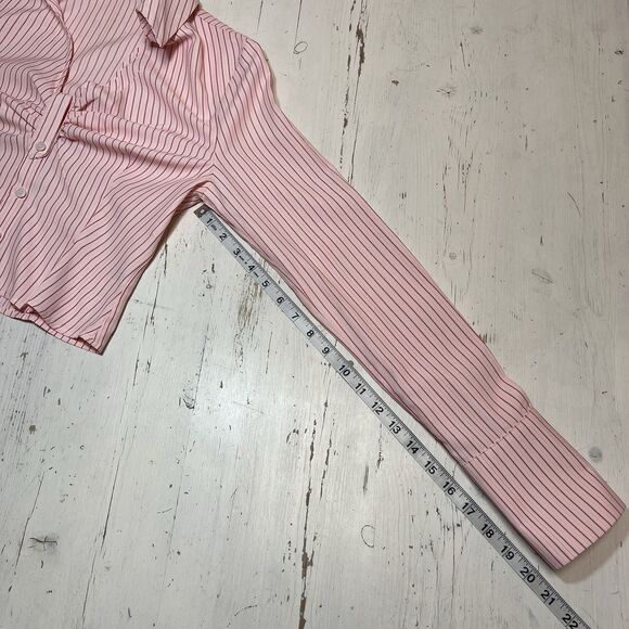 Pretty Little Thing Shirt Button Up 6 Pink Burgandy Crop Pinstripe Fitted Y2K - Picture 11 of 13
